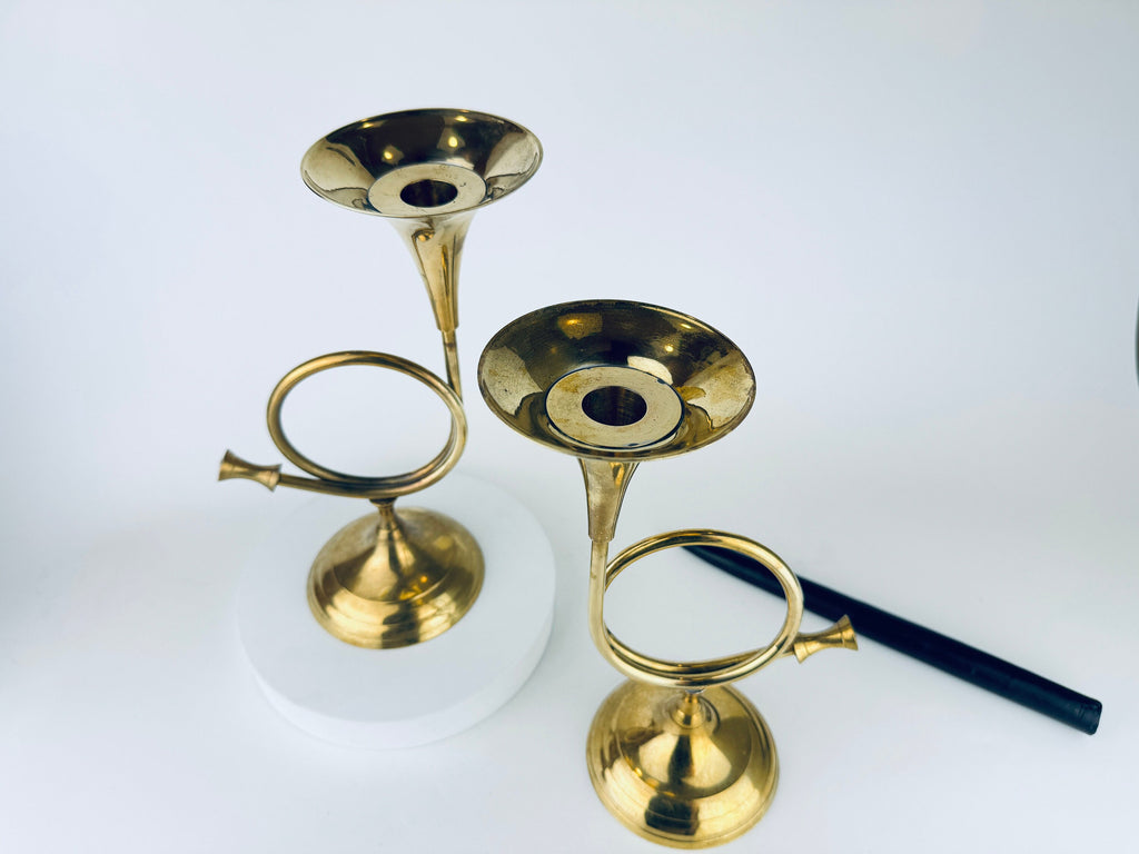 Vintage Tabletop Brass Horn Candle Stick Holders - Set of Two (2)