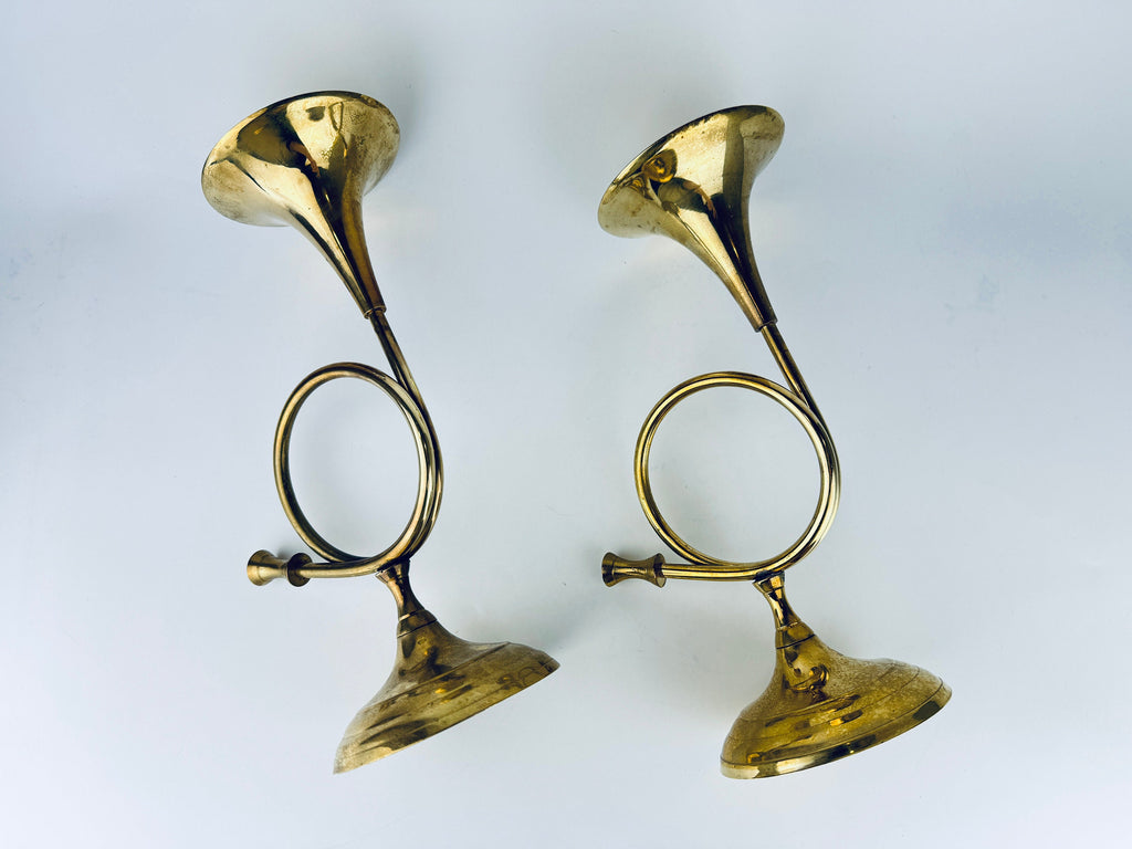 Vintage Tabletop Brass Horn Candle Stick Holders - Set of Two (2)