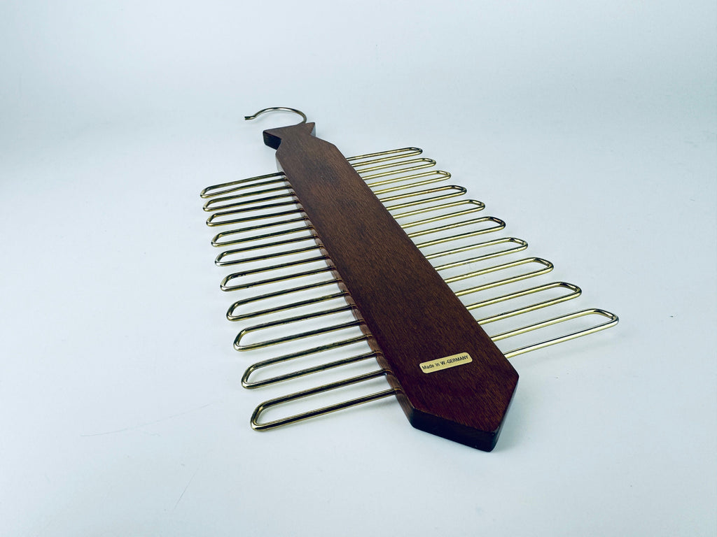 Vintage 1980s Dark Walnut + Gold Metal Tie Rack Organizer Closet Storage - Western Germany Made