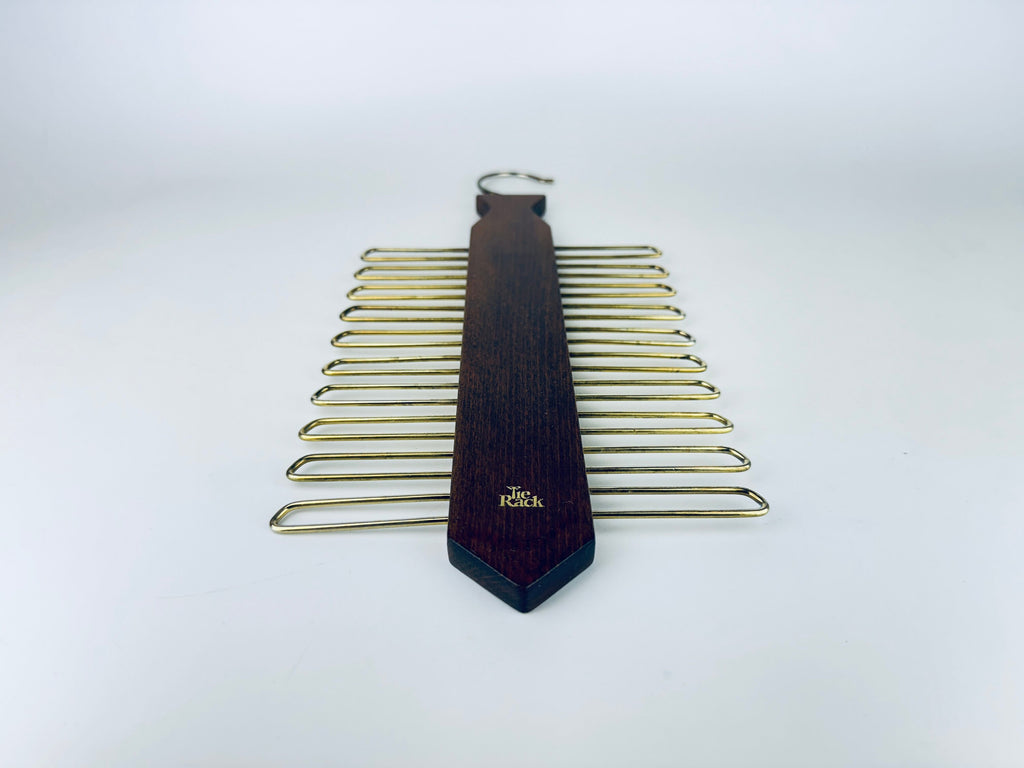 Vintage 1980s Dark Walnut + Gold Metal Tie Rack Organizer Closet Storage - Western Germany Made