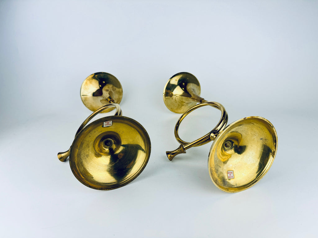 Vintage Tabletop Brass Horn Candle Stick Holders - Set of Two (2)