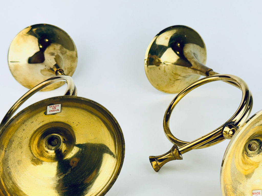 Vintage Tabletop Brass Horn Candle Stick Holders - Set of Two (2)