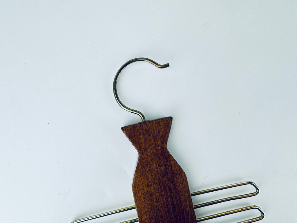 Vintage 1980s Dark Walnut + Gold Metal Tie Rack Organizer Closet Storage - Western Germany Made