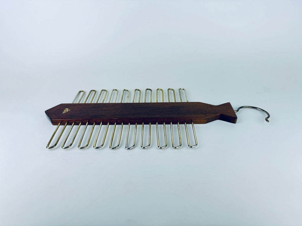 Vintage 1980s Dark Walnut + Gold Metal Tie Rack Organizer Closet Storage - Western Germany Made