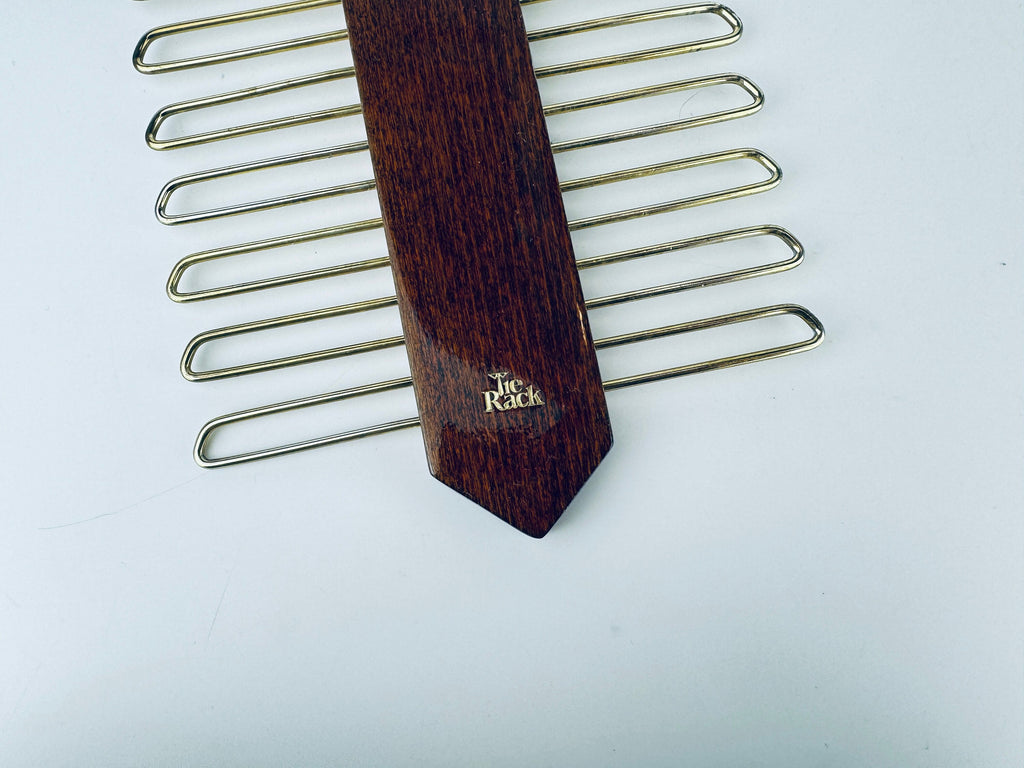 Vintage 1980s Dark Walnut + Gold Metal Tie Rack Organizer Closet Storage - Western Germany Made