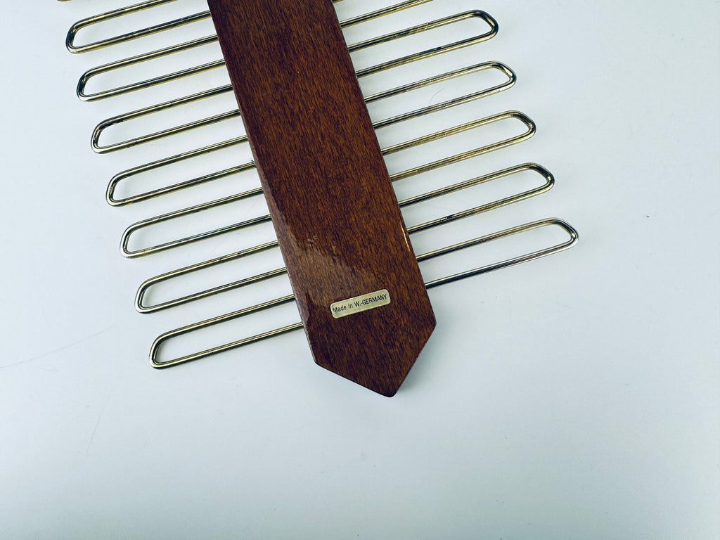 Vintage 1980s Dark Walnut + Gold Metal Tie Rack Organizer Closet Storage - Western Germany Made