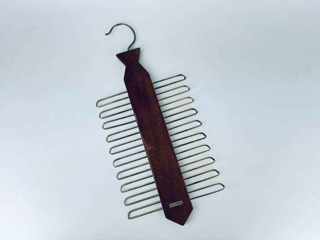 Vintage 1980s Dark Walnut + Gold Metal Tie Rack Organizer Closet Storage - Western Germany Made