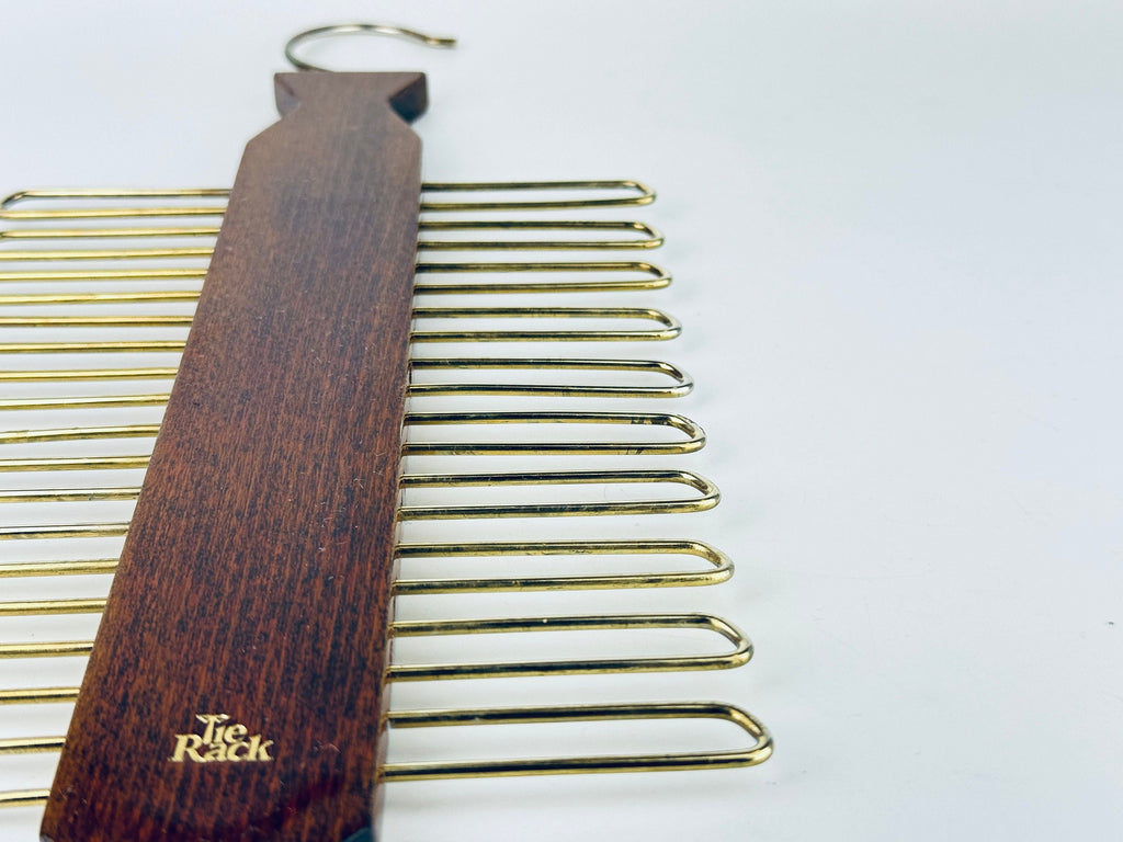 Vintage 1980s Dark Walnut + Gold Metal Tie Rack Organizer Closet Storage - Western Germany Made