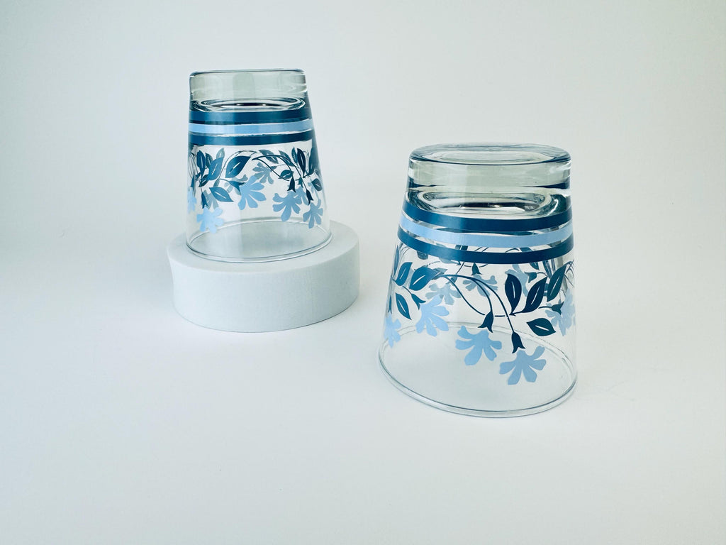 Vintage 1970s Blue Floral Juice Glasses - Set of Two (2)
