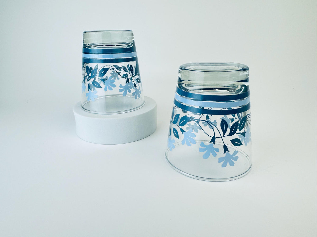 Vintage 1970s Blue Floral Juice Glasses - Set of Two (2)
