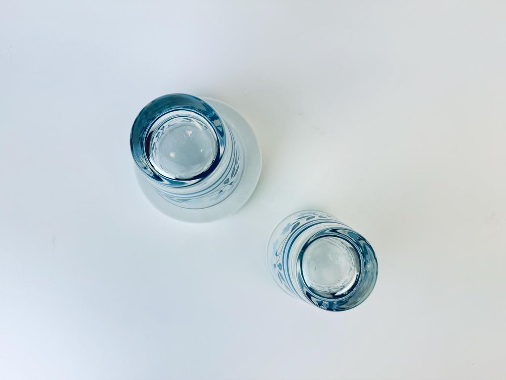 Vintage 1970s Blue Floral Juice Glasses - Set of Two (2)