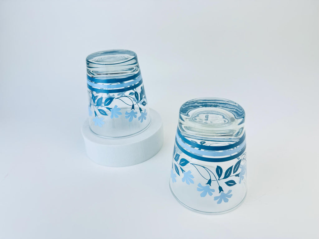 Vintage 1970s Blue Floral Juice Glasses - Set of Two (2)