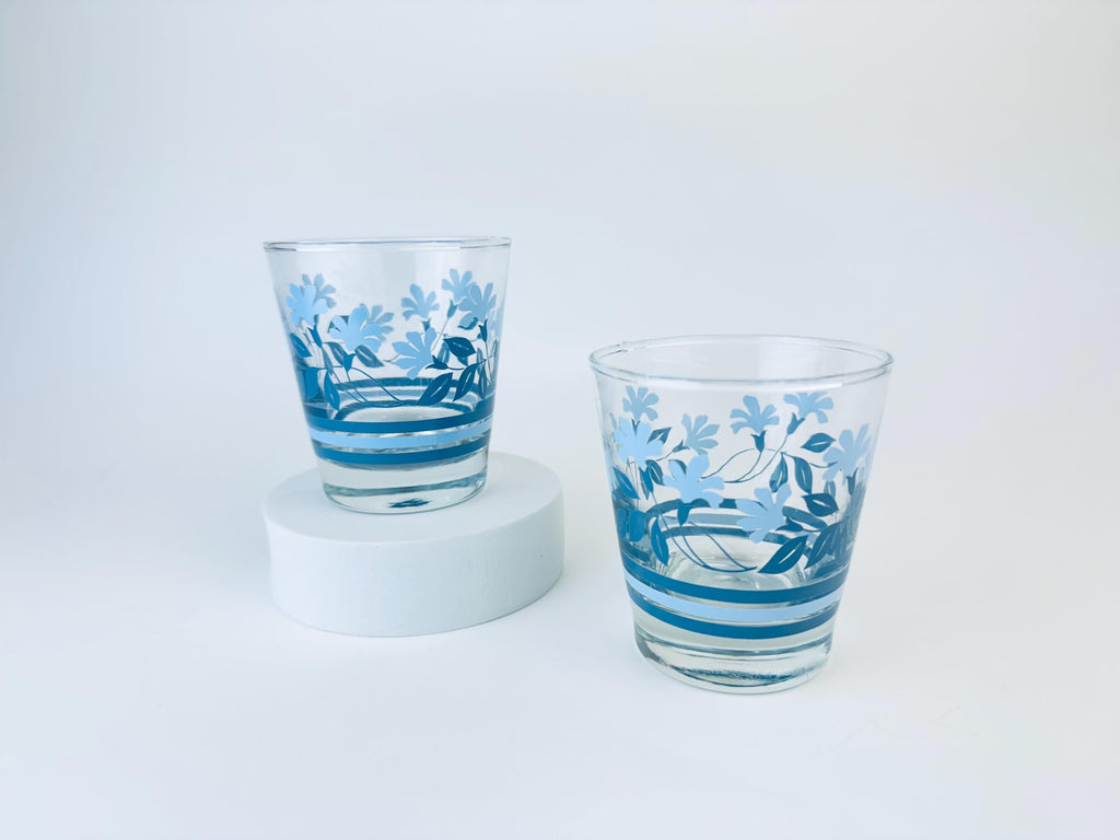 Vintage 1970s Blue Floral Juice Glasses - Set of Two (2)