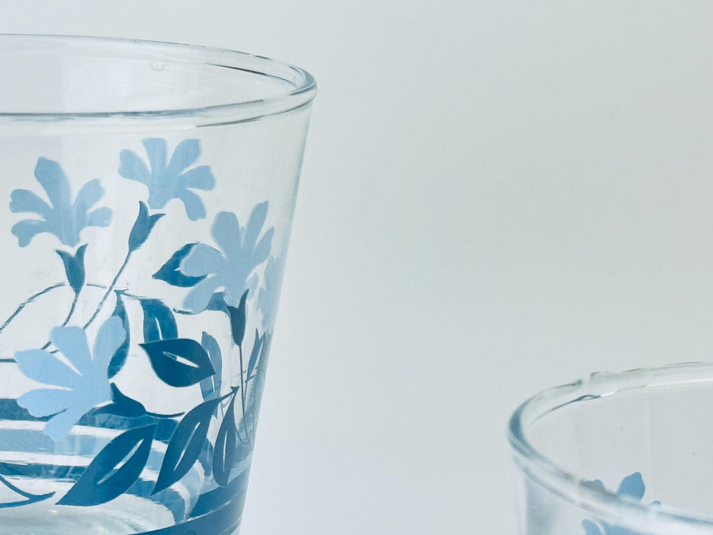 Vintage 1970s Blue Floral Juice Glasses - Set of Two (2)