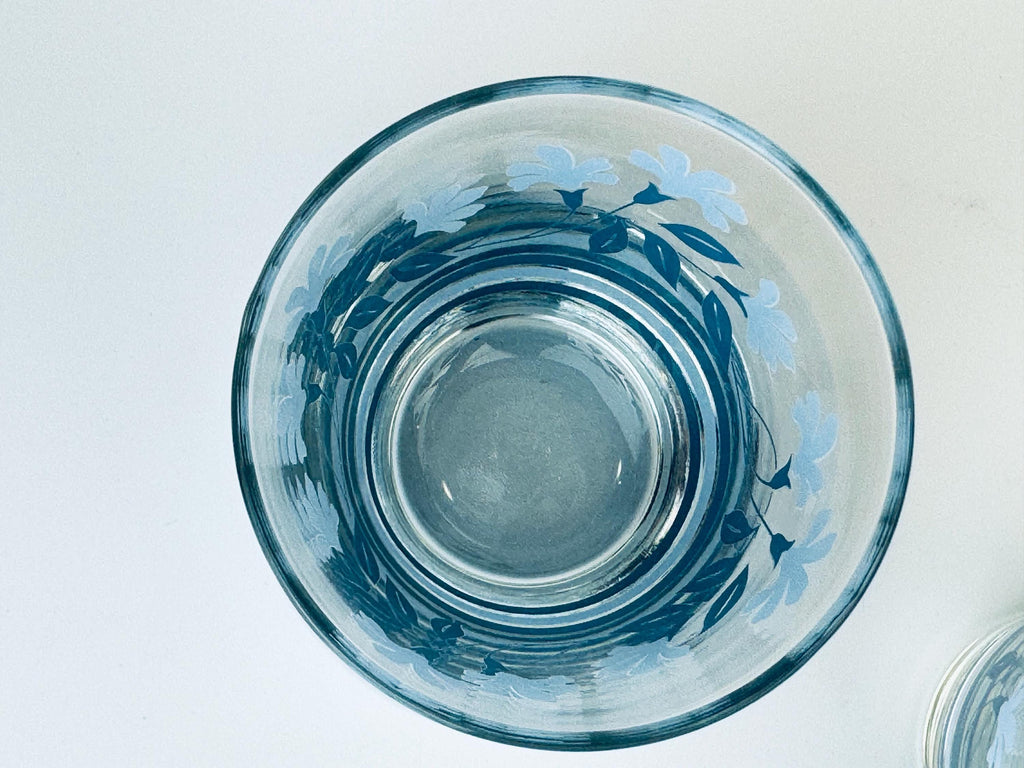 Vintage 1970s Blue Floral Juice Glasses - Set of Two (2)