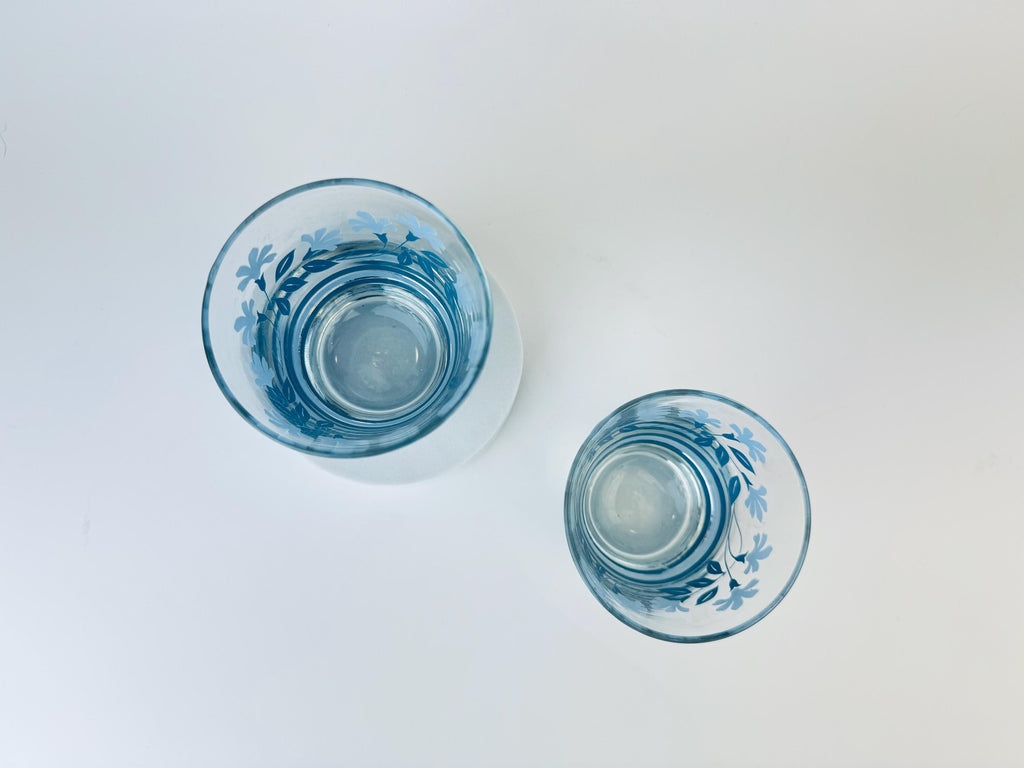 Vintage 1970s Blue Floral Juice Glasses - Set of Two (2)