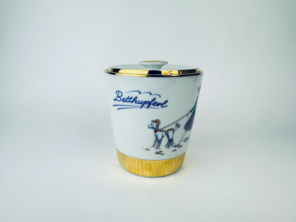 Vintage 1960s Plankenhammer Floss Bavaria GoldTrim Porcelain Cookie Jar - White Ceramic Biscuit Jar