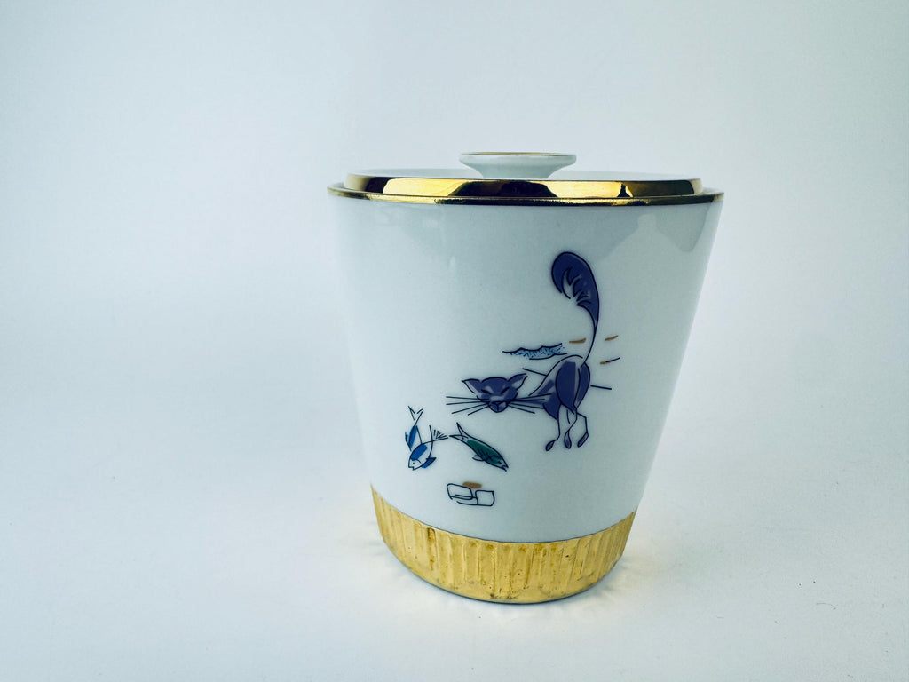 Vintage 1960s Plankenhammer Floss Bavaria GoldTrim Porcelain Cookie Jar - White Ceramic Biscuit Jar