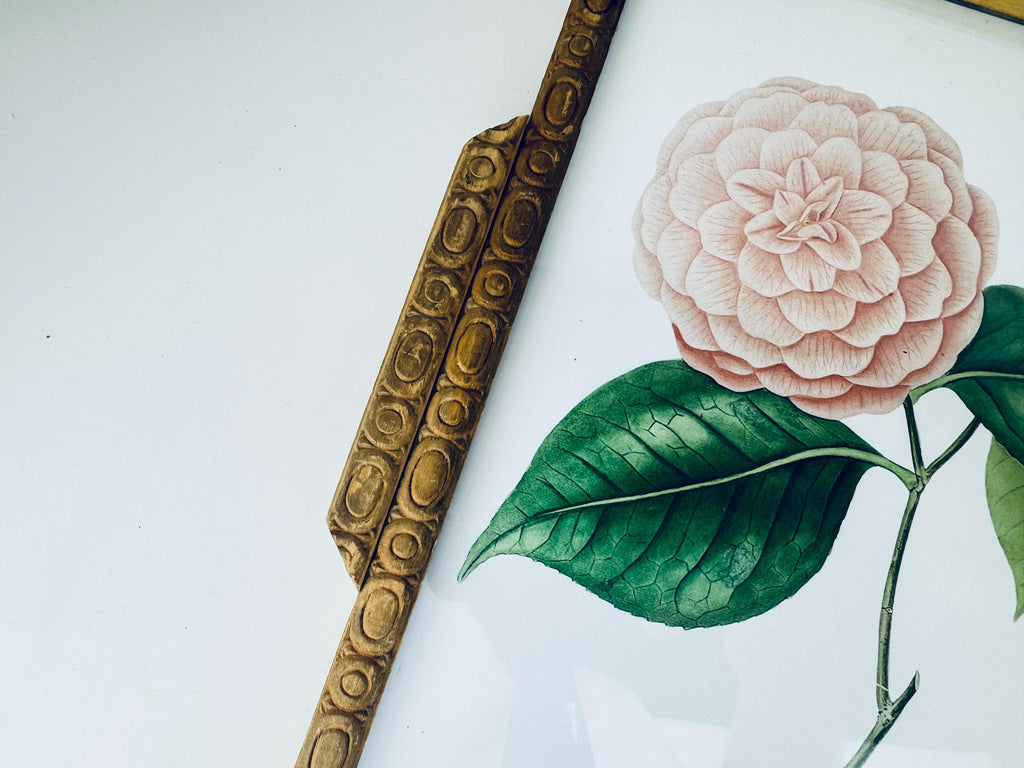 Framed botanical illustration of flowers in carved wooden handled tray. 