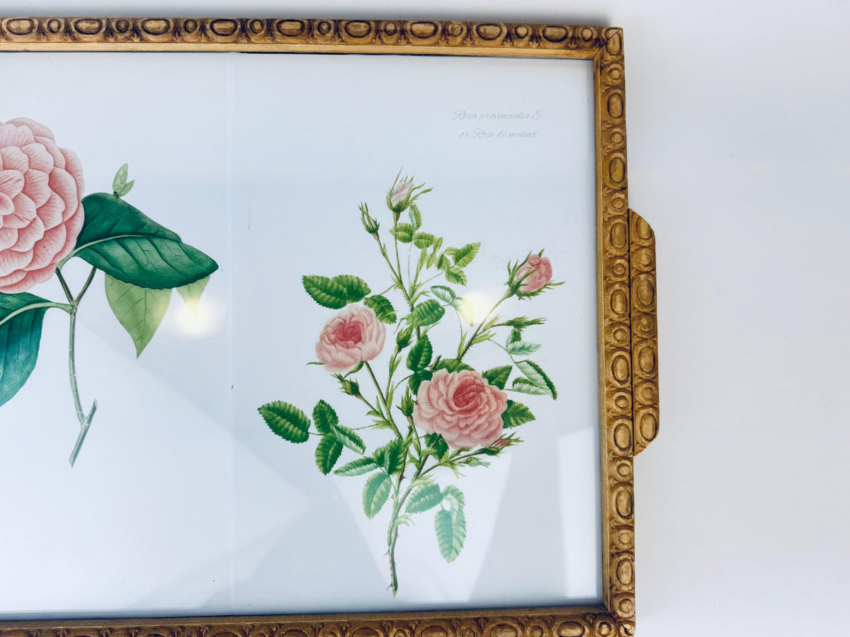 Framed botanical illustration of flowers in carved wooden handled tray. 