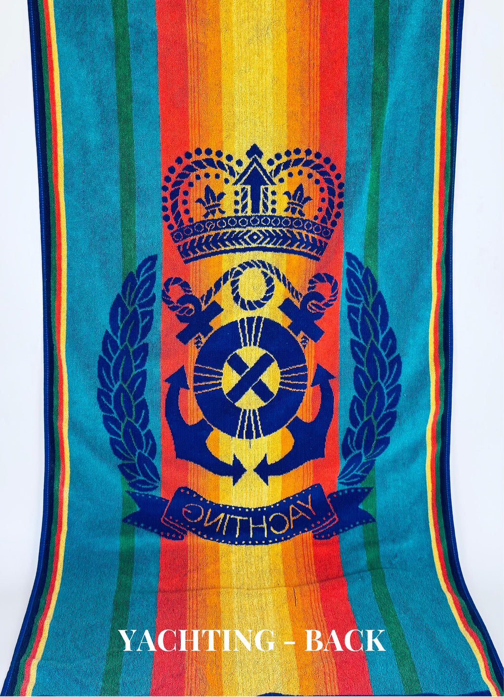 Colorful towel with anchor and crown design on a white background