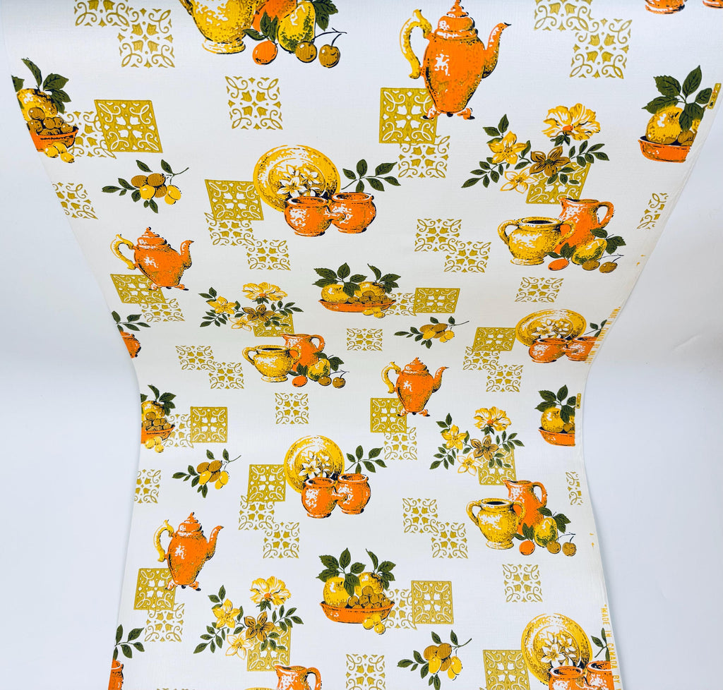 Vintage Pre-Pasted Strippable Vinyl Kitchen Wallpaper Roll  20.5" x 14 Yards - Made In Canada - New Old Stock (NOS) - Fruit & Floral Design