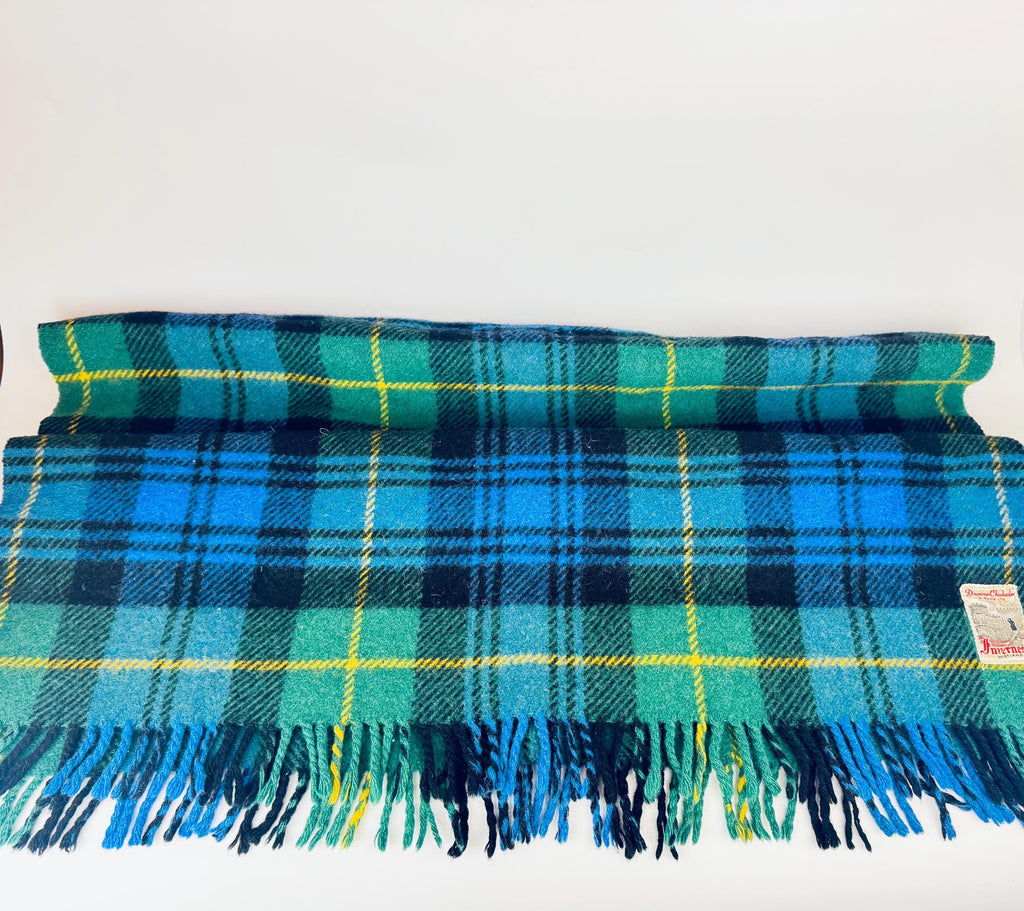 Vintage 1960s Inverness Scotland GreenBlue Plaid Wool Throw Blanket  Fringed Tartan by Duncan Chisholm