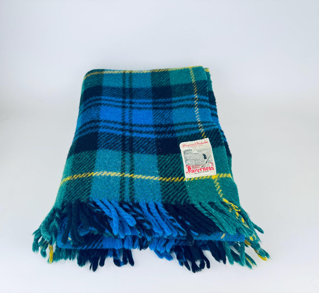 Vintage 1960s Inverness Scotland GreenBlue Plaid Wool Throw Blanket  Fringed Tartan by Duncan Chisholm