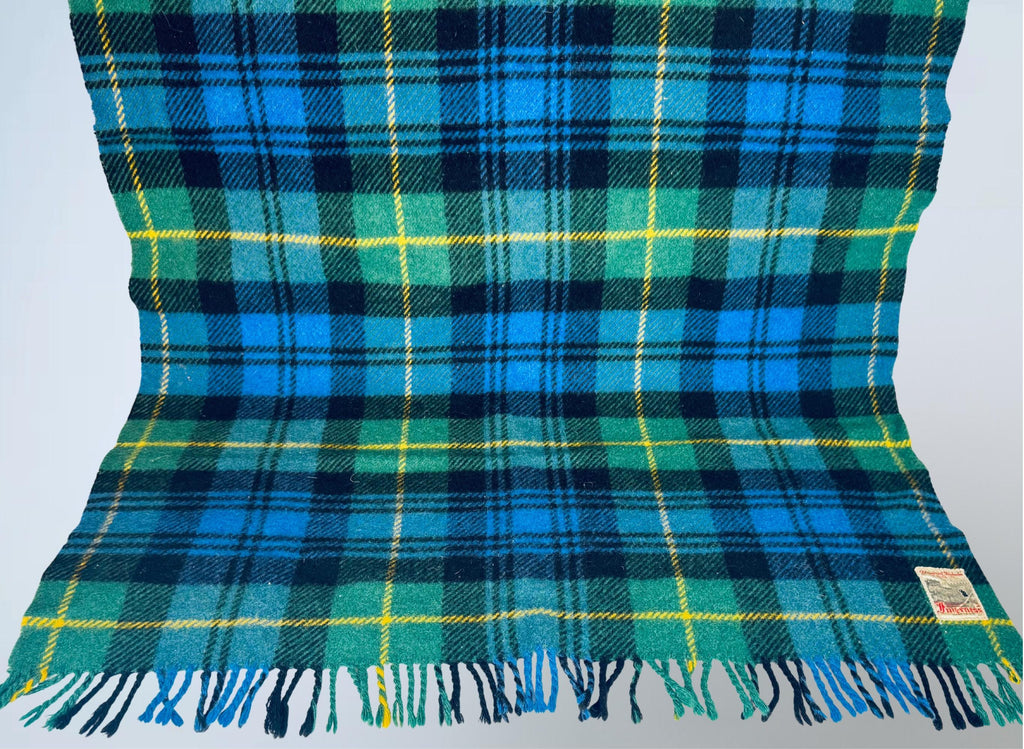 Vintage 1960s Inverness Scotland GreenBlue Plaid Wool Throw Blanket  Fringed Tartan by Duncan Chisholm