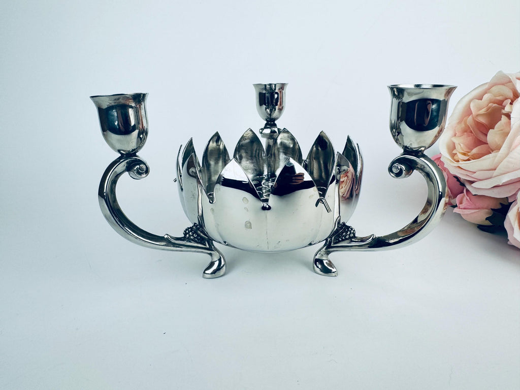 Vintage Silver Plated EP Brass Three Arm Candlestick Holder - Floral Centrepiece - Made In Hong Kong