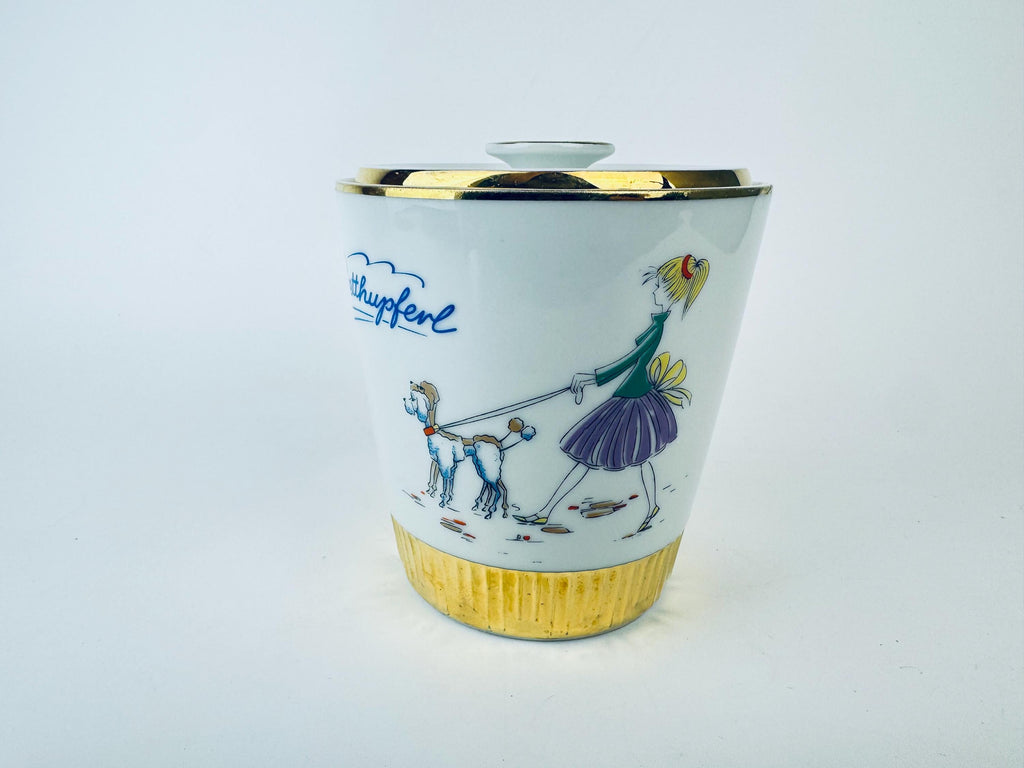 Vintage 1960s Plankenhammer Floss Bavaria GoldTrim Porcelain Cookie Jar - White Ceramic Biscuit Jar