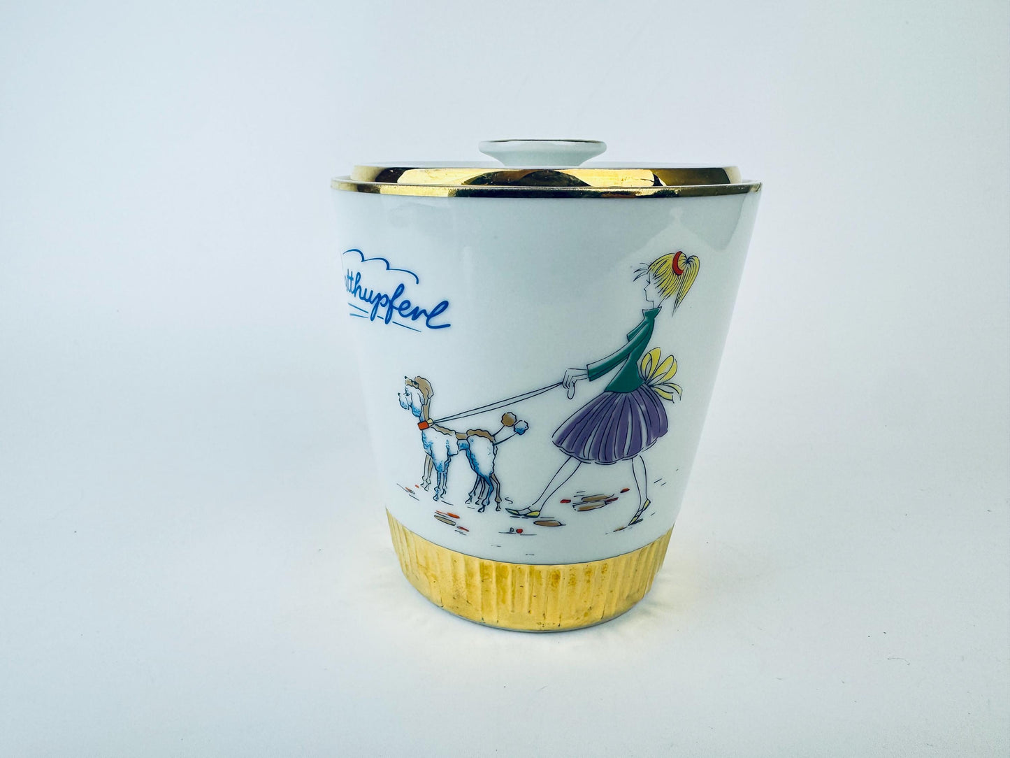 Bocal à biscuits en porcelaine Plankenhammer Floss Bavaria vintage des années 1960 avec bordure dorée - Bocal à biscuits en céramique blanche