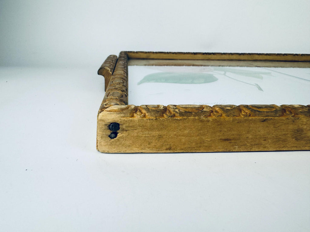 Framed botanical illustration of flowers in carved wooden handled tray. 