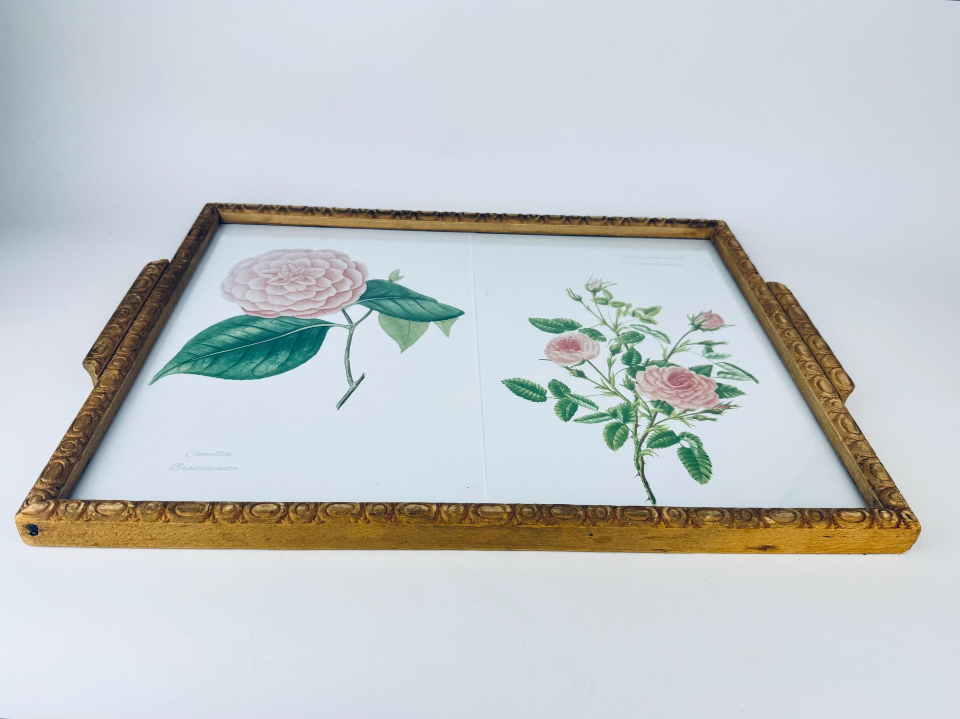 Framed botanical illustration of flowers in carved wooden handled tray. 
