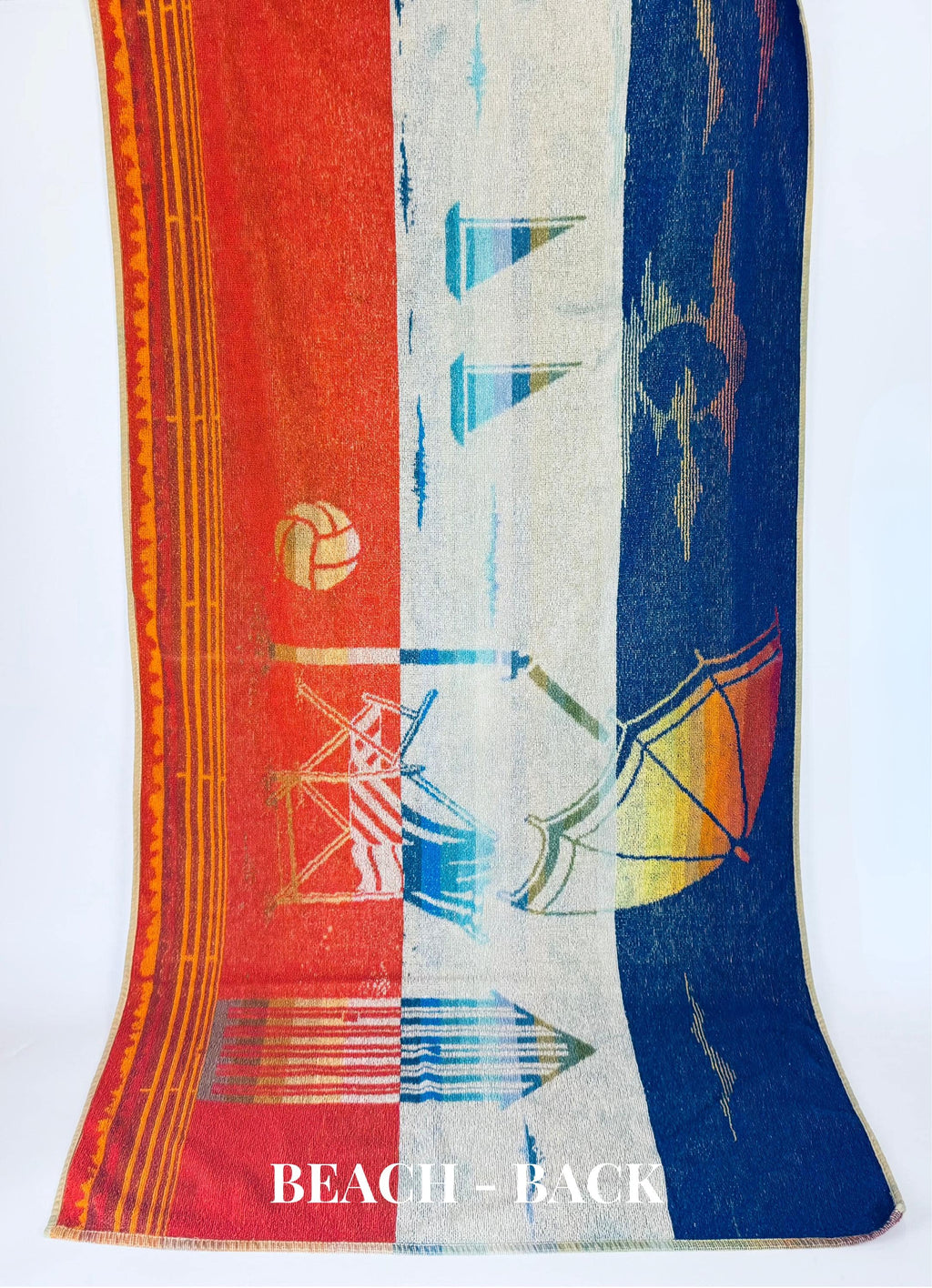 Colorful towel with beach-themed designs on a white background