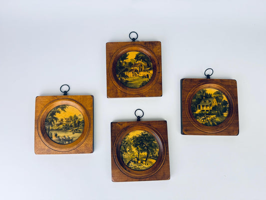 Vintage Prattware Pot Lid Wall Art  Woodcraftery English Countryside Scenes  Set of 4  1950s Square Wood Plaques  Rustic Colonial Decor