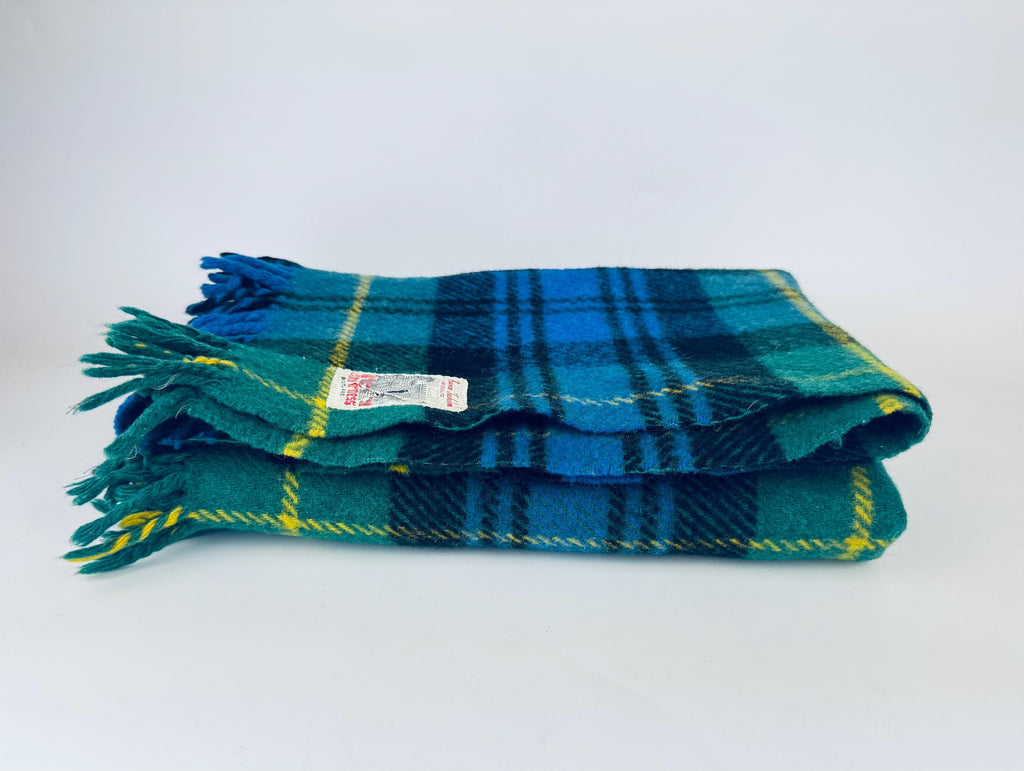 Vintage 1960s Inverness Scotland GreenBlue Plaid Wool Throw Blanket  Fringed Tartan by Duncan Chisholm