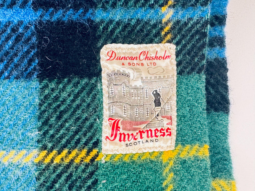 Vintage 1960s Inverness Scotland GreenBlue Plaid Wool Throw Blanket  Fringed Tartan by Duncan Chisholm