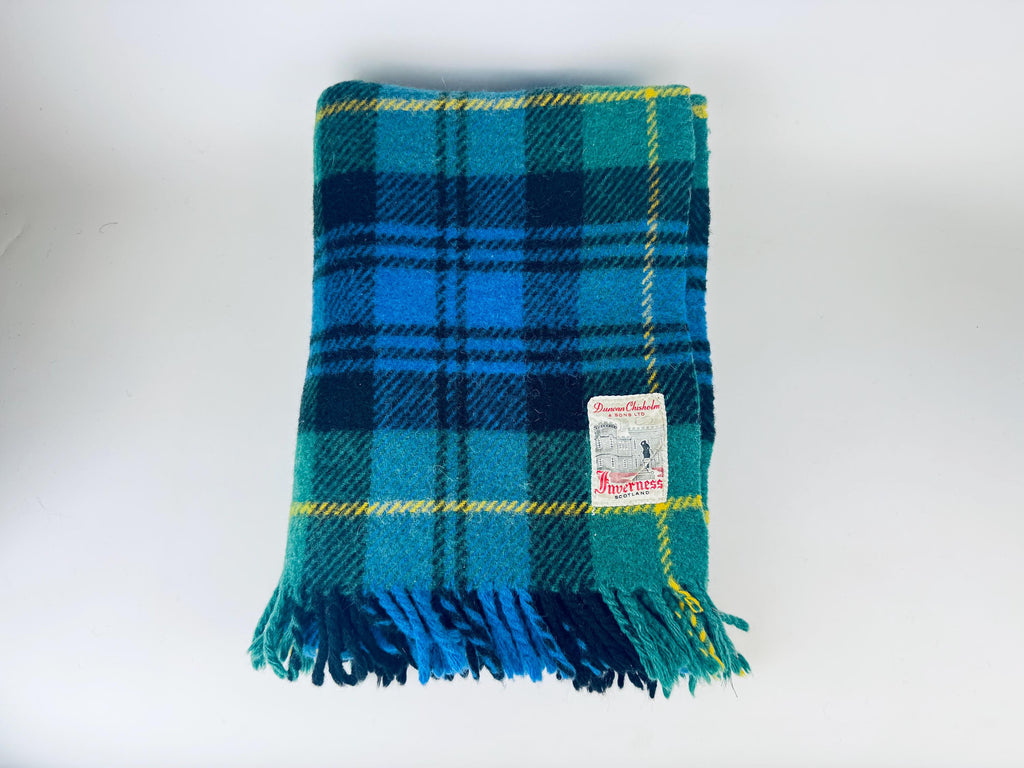 Vintage 1960s Inverness Scotland GreenBlue Plaid Wool Throw Blanket  Fringed Tartan by Duncan Chisholm