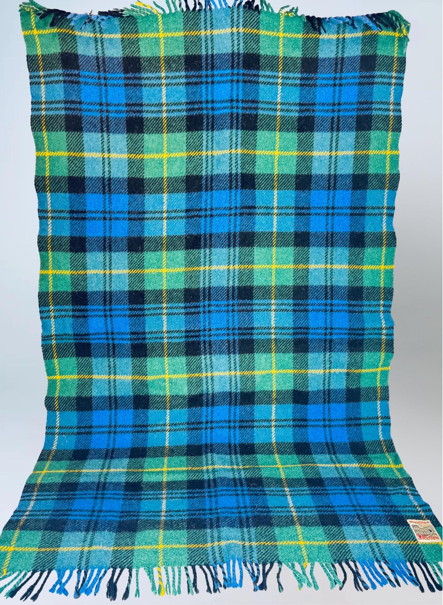 Vintage 1960s Inverness Scotland GreenBlue Plaid Wool Throw Blanket  Fringed Tartan by Duncan Chisholm