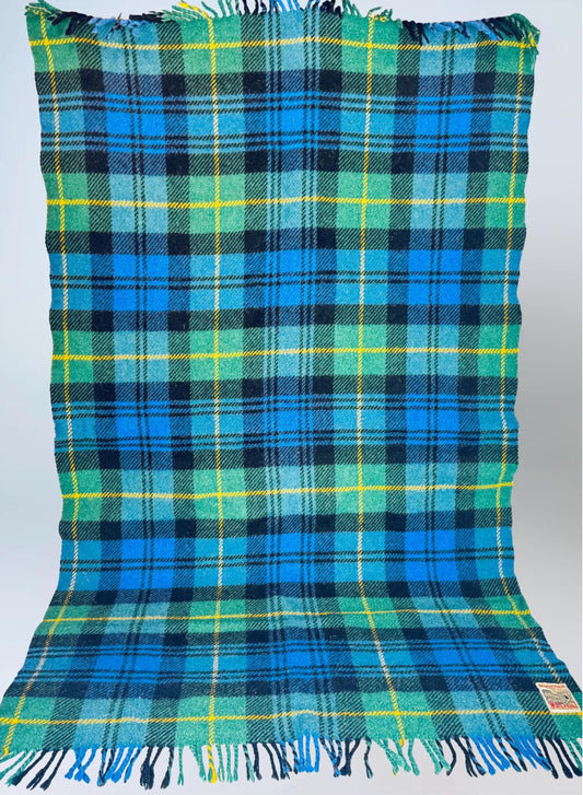 Vintage 1960s Inverness Scotland GreenBlue Plaid Wool Throw Blanket  Fringed Tartan by Duncan Chisholm