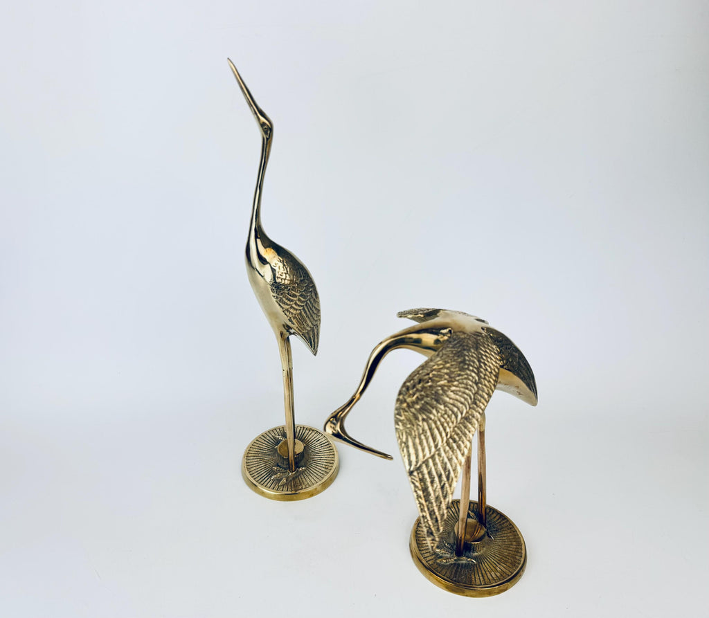 Vintage 1970s MidCentury Modern Brass Crane Sculptures  Made in Korea  Pair of Elegant Shelf & Mantel Figurines