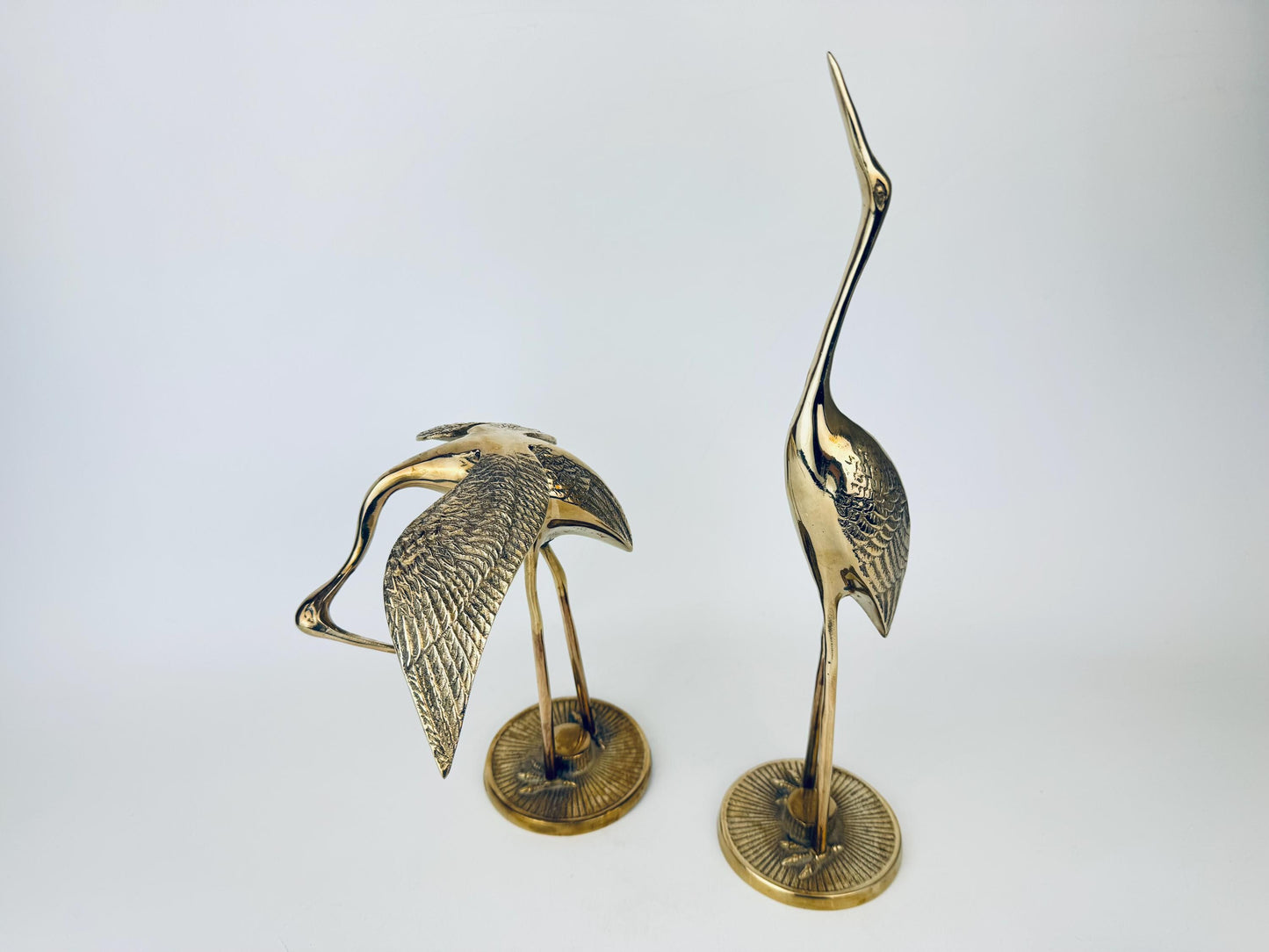 Vintage 1970s MidCentury Modern Brass Crane Sculptures  Made in Korea  Pair of Elegant Shelf & Mantel Figurines