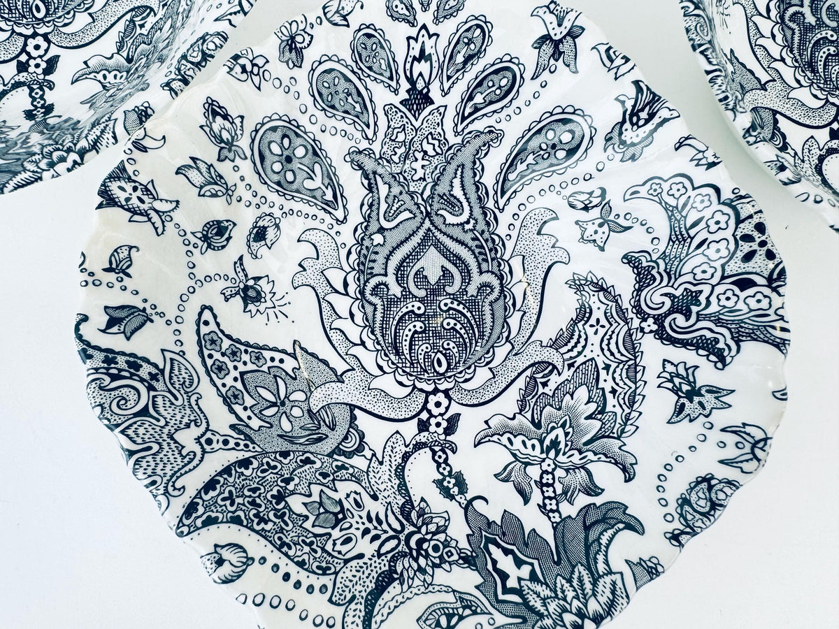 Vintage White + Black 'Paisley' Pattern English Ironstone Plate + Bowl Replacement - Made In England - Sold Separately