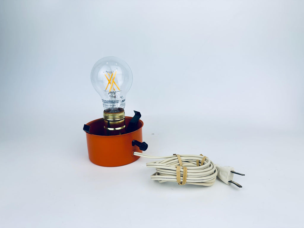 Vintage 1970s Globe Lamp  Orange Metal Base with Opal Glass Shade  Leviton Canada Plug  Space Age Bedside or Accent Light
