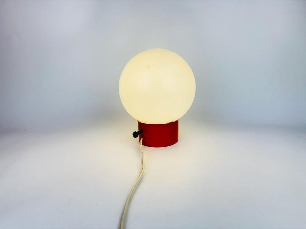 Vintage 1970s Globe Lamp  Orange Metal Base with Opal Glass Shade  Leviton Canada Plug  Space Age Bedside or Accent Light