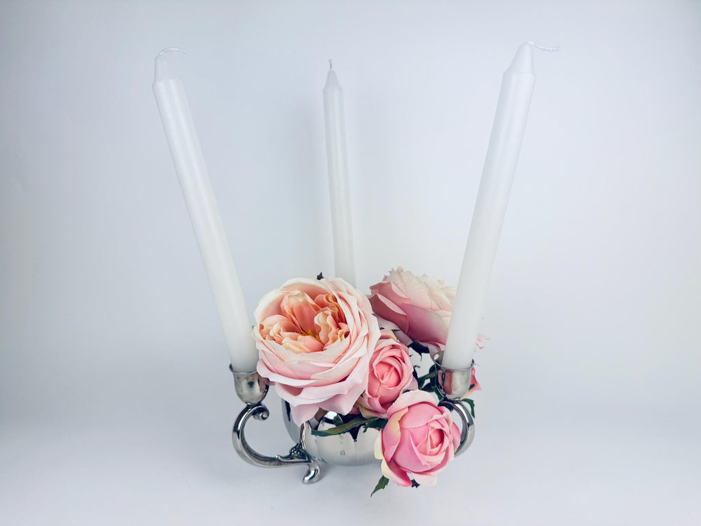 Vintage Silver Plated EP Brass Three Arm Candlestick Holder - Floral Centrepiece - Made In Hong Kong