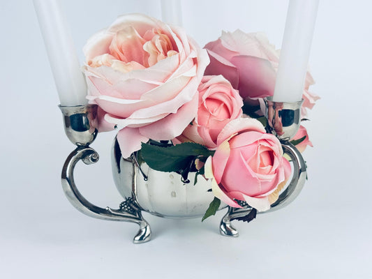 Vintage Silver Plated EP Brass Three Arm Candlestick Holder - Floral Centrepiece - Made In Hong Kong