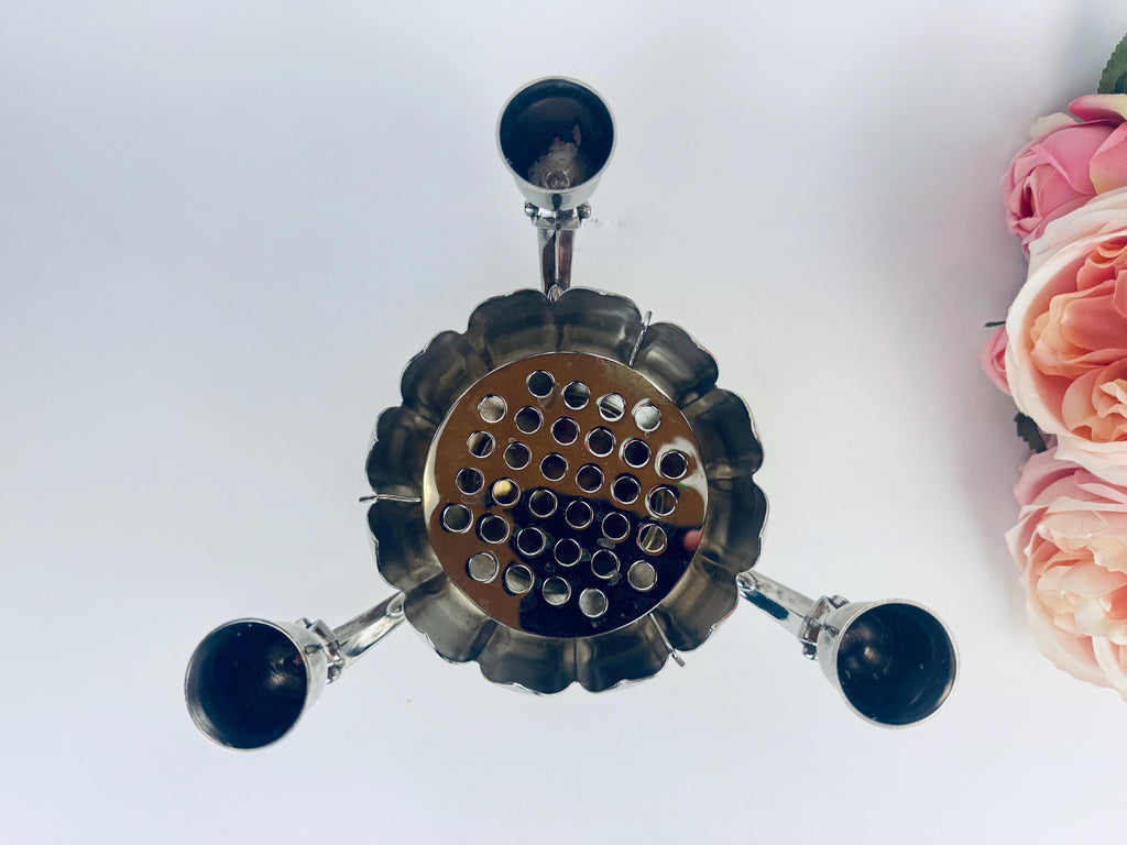 Vintage Silver Plated EP Brass Three Arm Candlestick Holder - Floral Centrepiece - Made In Hong Kong