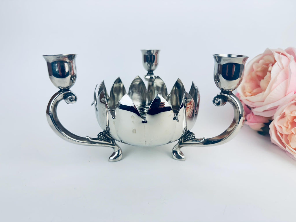 Vintage Silver Plated EP Brass Three Arm Candlestick Holder - Floral Centrepiece - Made In Hong Kong